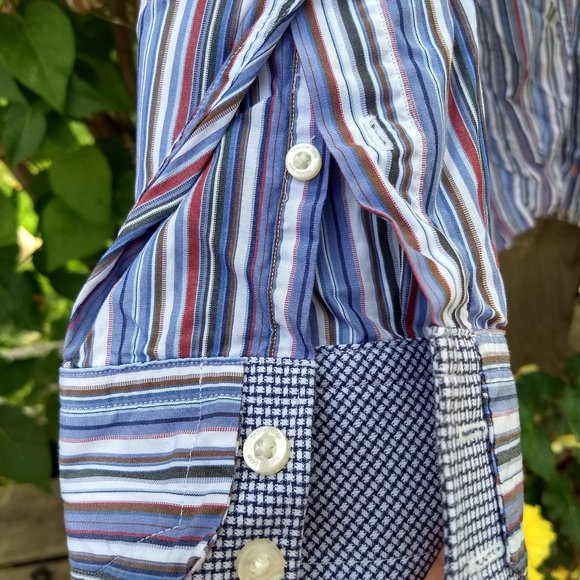 Thomas Dean blue red white stripe patterned dress shirt - Picture 3 of 9